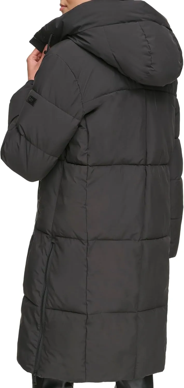 DKNY Womens Hooded Long Down Alternative Puffer Jacket