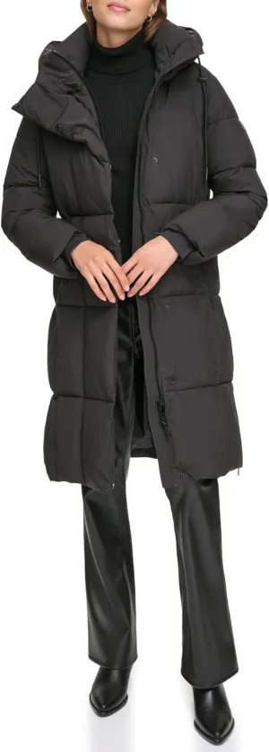 DKNY Womens Hooded Long Down Alternative Puffer Jacket