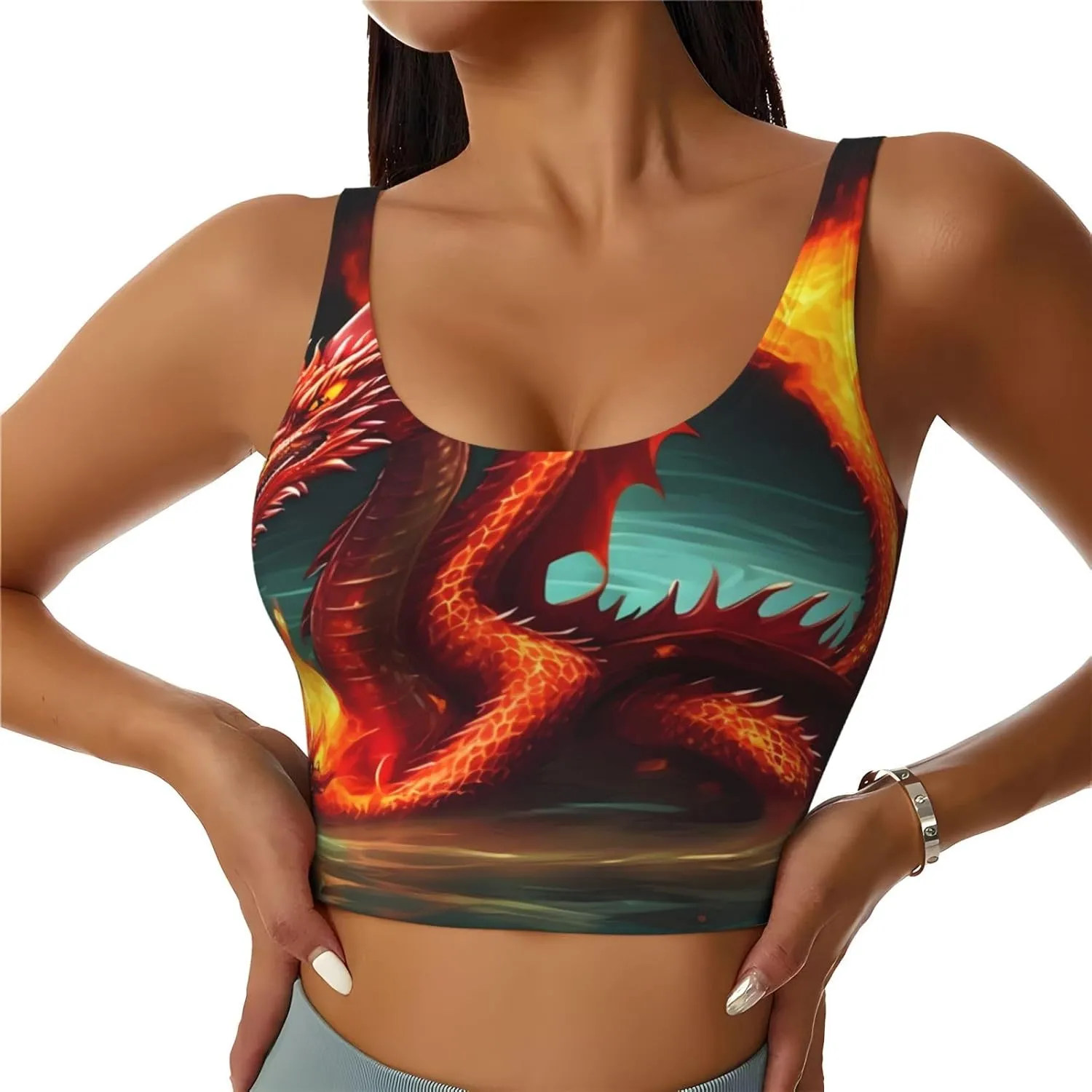 Dragon King in Fire Women's Sexy Sports Vest Sleeveless Athletic Gym T-Shirts Vest U-Shaped Back Quick Dry Top