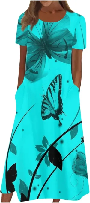 Dresses for Women 2024 Pleated Pocket Long Dresses Round Neck Printed Dresses Short Sleeve Comfy Maxi Dress