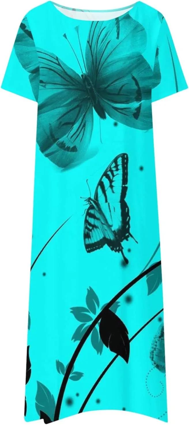 Dresses for Women 2024 Pleated Pocket Long Dresses Round Neck Printed Dresses Short Sleeve Comfy Maxi Dress