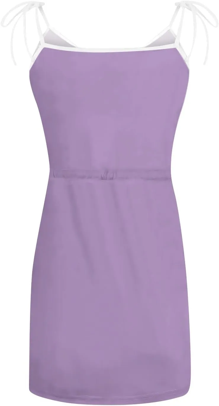 Dresses for Women 2024 Pockets Drawstring Tank Dresses Printed V Neck Mini Dresses Sleeveless Casual Beach Dress
