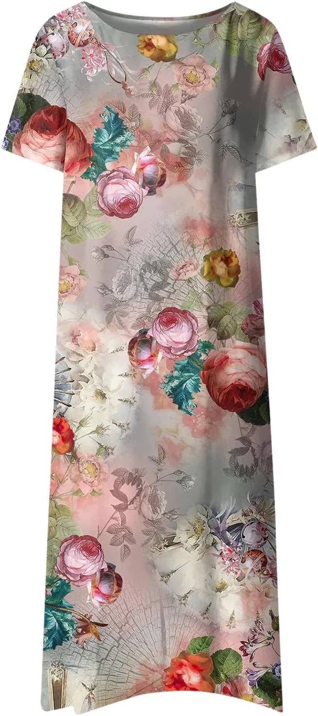 Dresses for Women 2024 Printed Pleated Long Dresses Short Sleeve Round Neck Beach Dress Pocket Lightweight Dresses