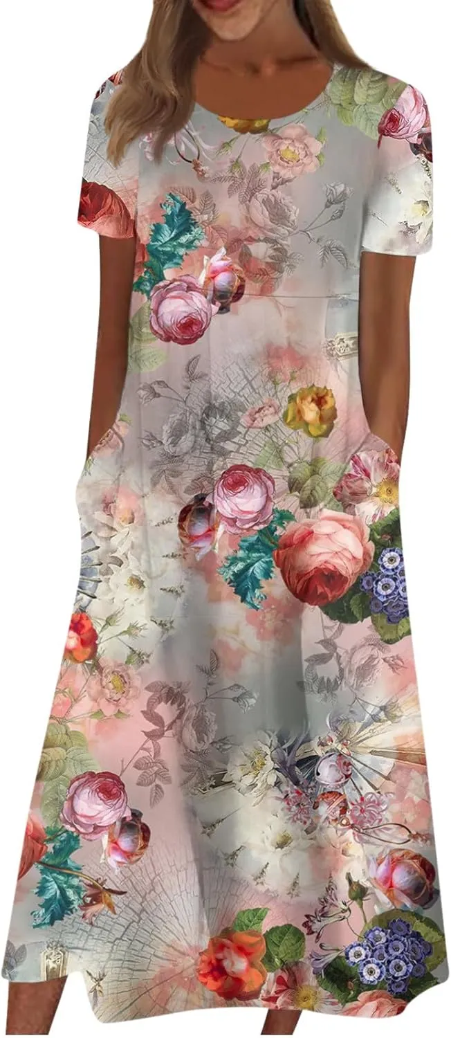 Dresses for Women 2024 Printed Pleated Long Dresses Short Sleeve Round Neck Beach Dress Pocket Lightweight Dresses