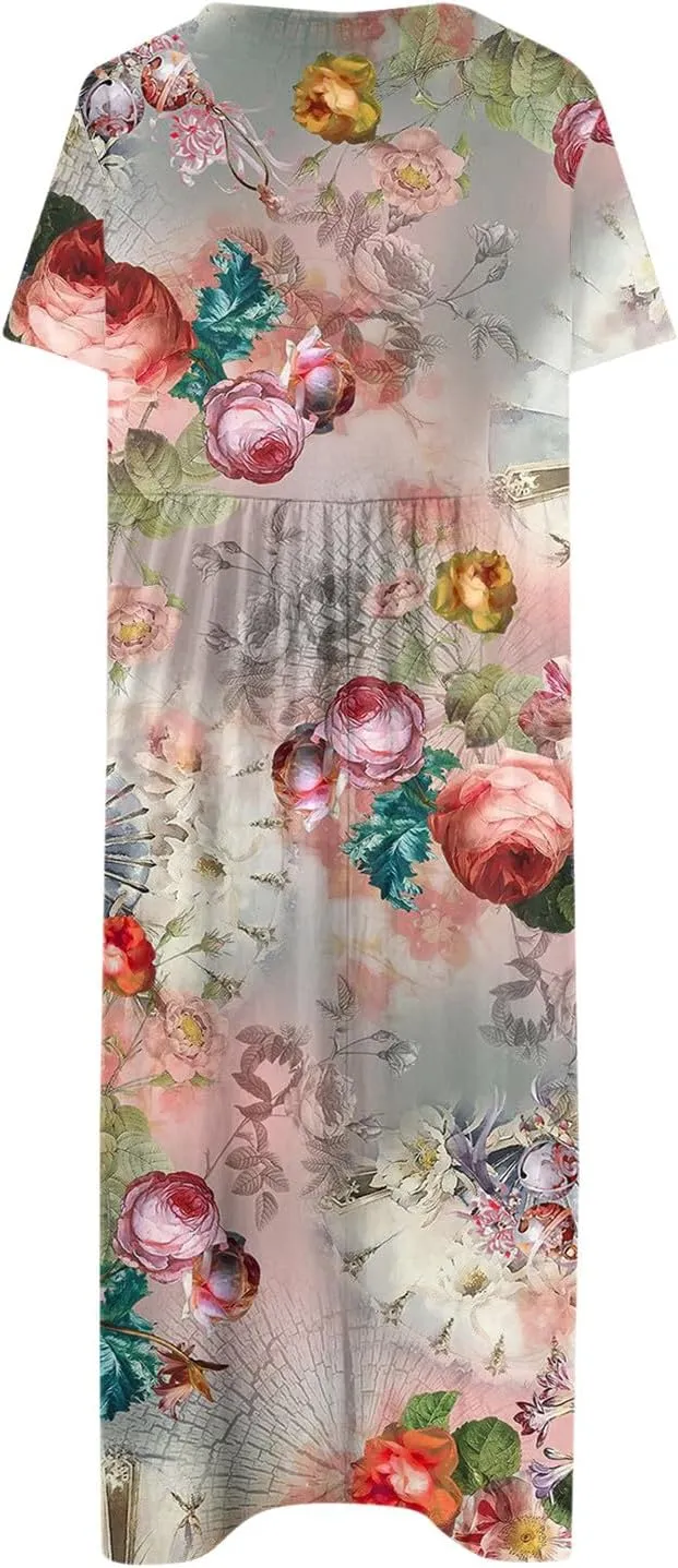 Dresses for Women 2024 Printed Pleated Long Dresses Short Sleeve Round Neck Beach Dress Pocket Lightweight Dresses
