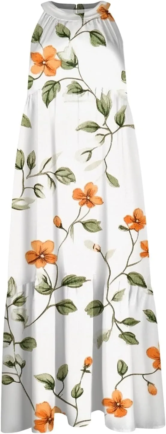 Dresses for Women 2025 Hanging Neck Splicing Beach Dress Floral Print Sleeveless Tank Dresses Casual Midi Dresses