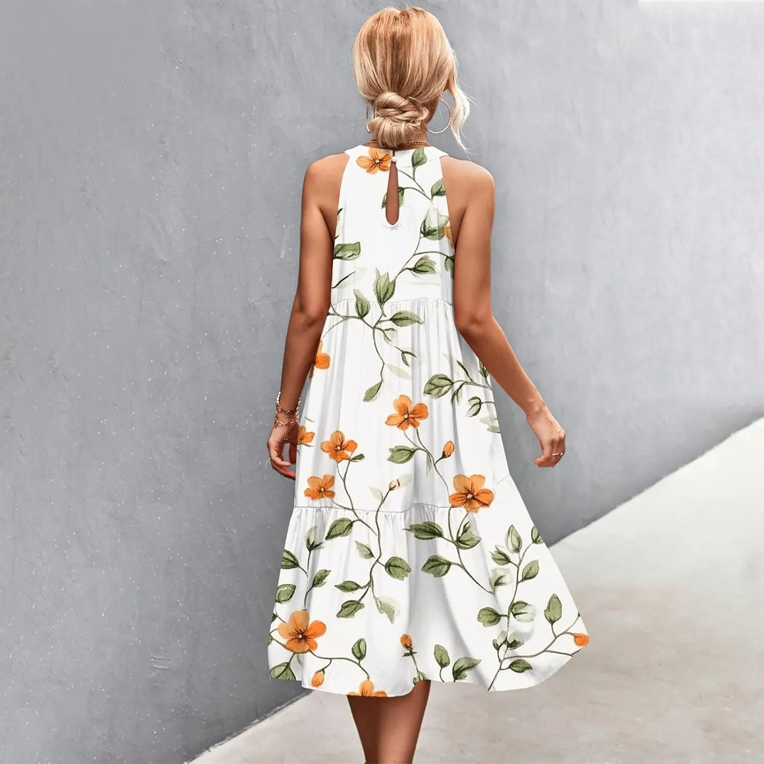 Dresses for Women 2025 Hanging Neck Splicing Beach Dress Floral Print Sleeveless Tank Dresses Casual Midi Dresses