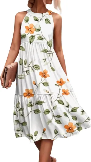 Dresses for Women 2025 Hanging Neck Splicing Beach Dress Floral Print Sleeveless Tank Dresses Casual Midi Dresses