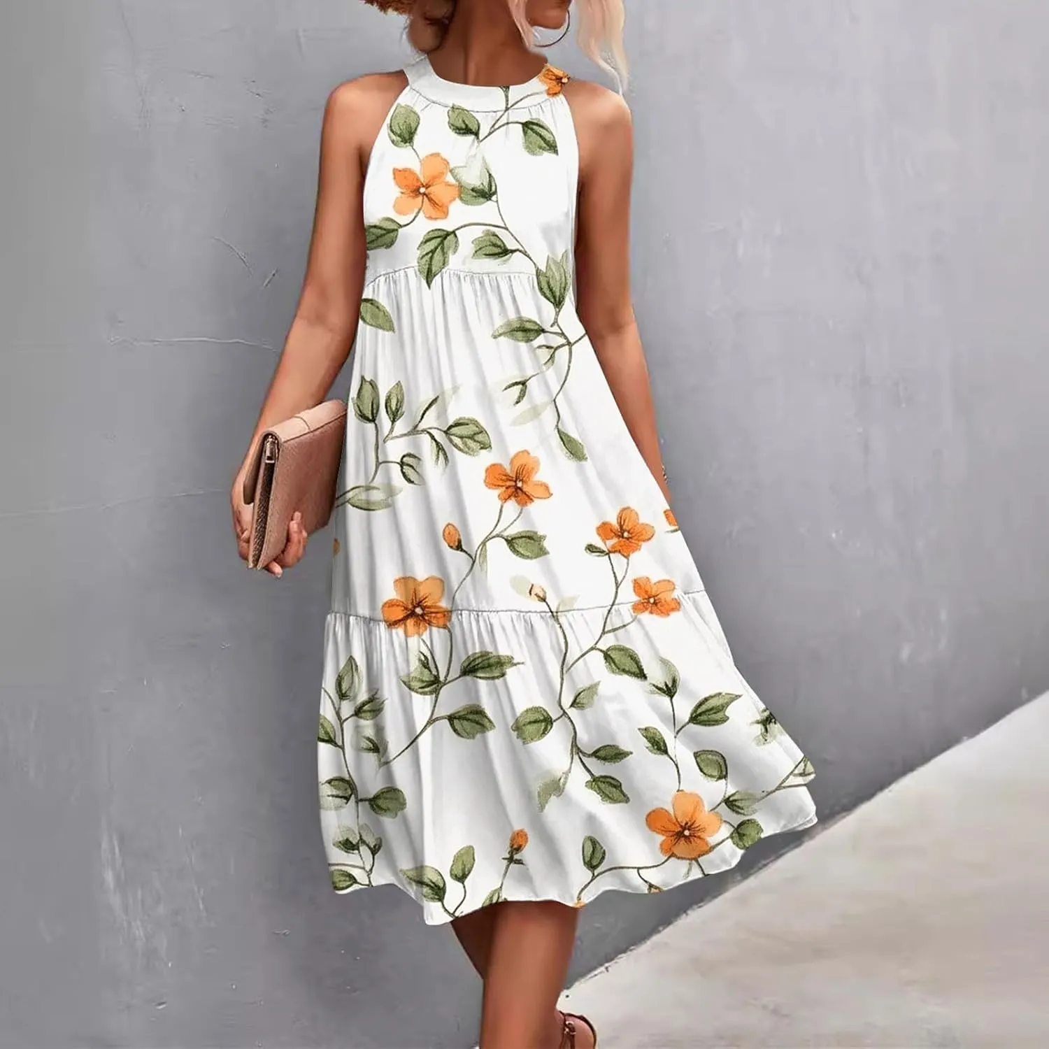 Dresses for Women 2025 Hanging Neck Splicing Beach Dress Floral Print Sleeveless Tank Dresses Casual Midi Dresses