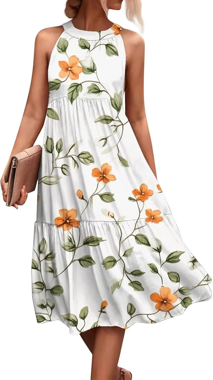 Dresses for Women 2025 Hanging Neck Splicing Beach Dress Floral Print Sleeveless Tank Dresses Casual Midi Dresses