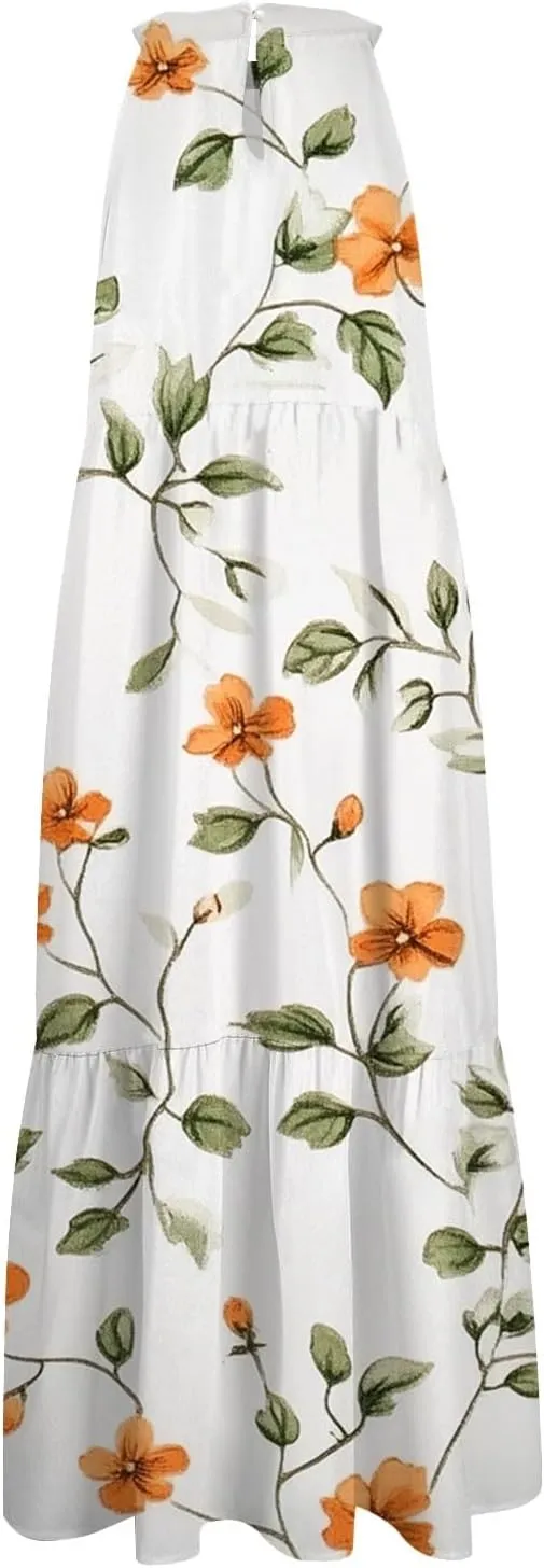 Dresses for Women 2025 Hanging Neck Splicing Beach Dress Floral Print Sleeveless Tank Dresses Casual Midi Dresses