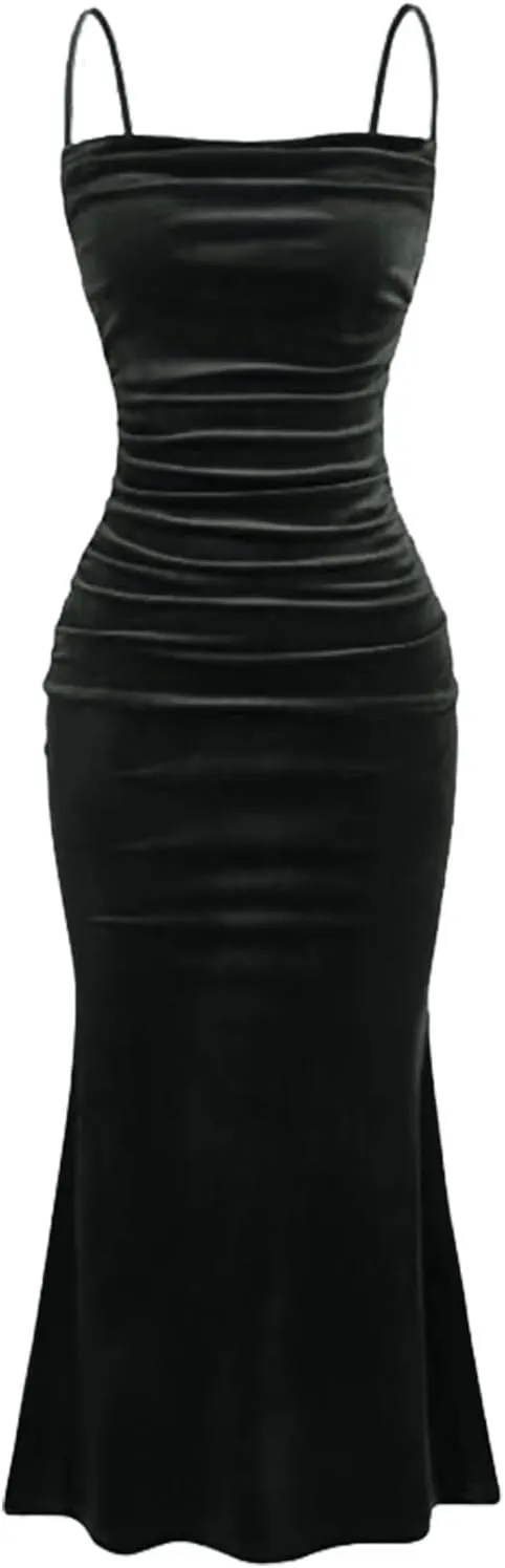 Elegant Velvet Dress for Women Spaghetti Strap Sleeveless Bodycon Mermaid Dress Ruched Cocktail Party Dresses
