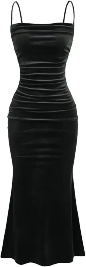 Elegant Velvet Dress for Women Spaghetti Strap Sleeveless Bodycon Mermaid Dress Ruched Cocktail Party Dresses