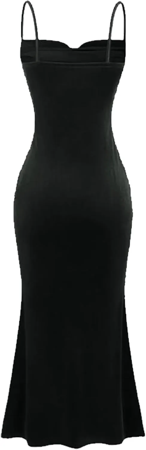 Elegant Velvet Dress for Women Spaghetti Strap Sleeveless Bodycon Mermaid Dress Ruched Cocktail Party Dresses