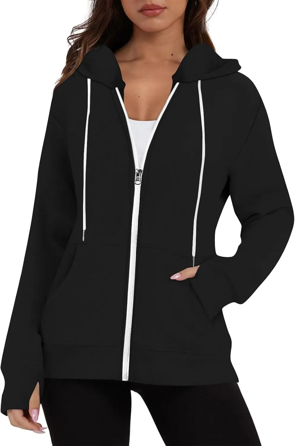 Fall Winter Hooded Jacket for Women Casual Long Sleeve Drawstring Coats with Pocket Trendy Zipper Thumb Hole Jacket