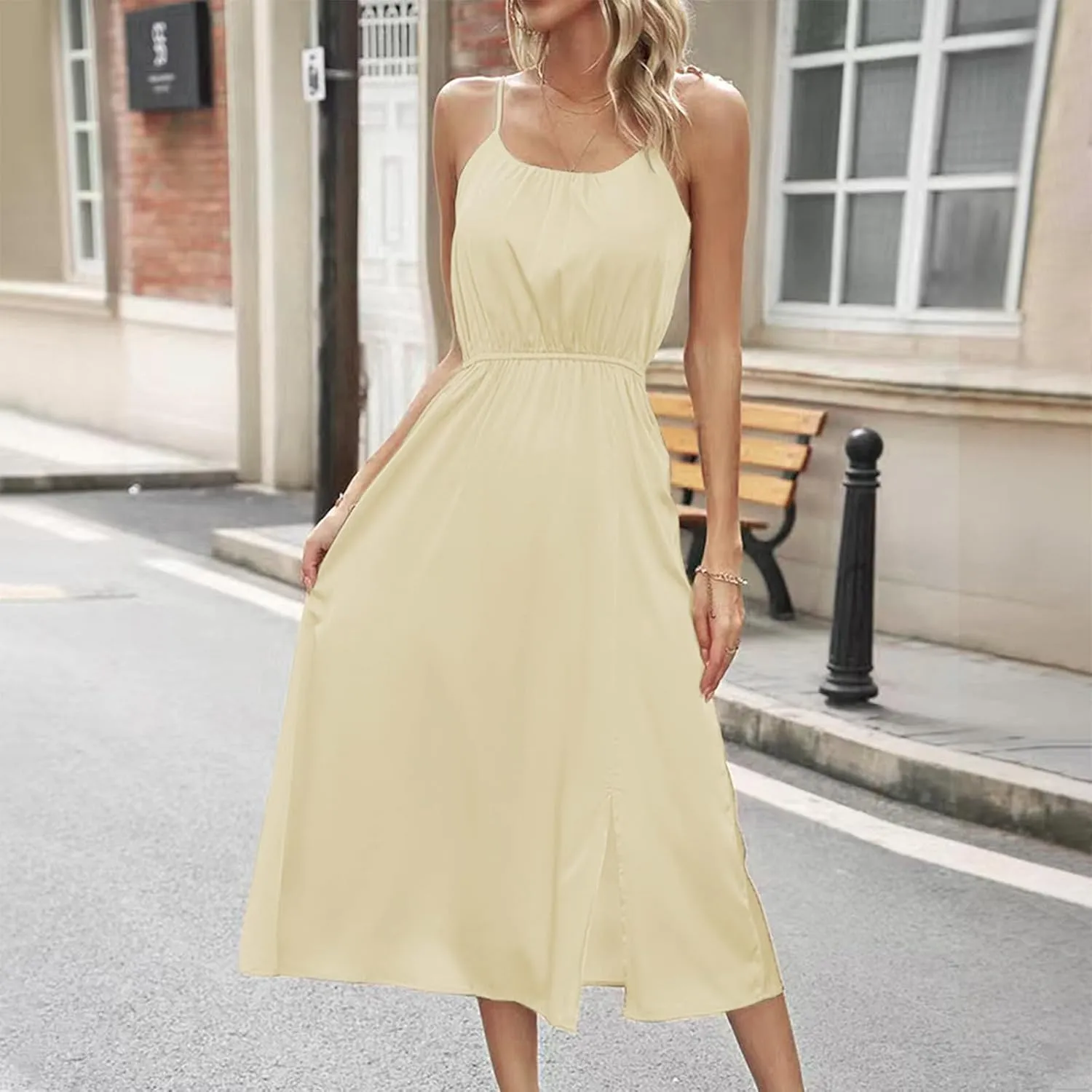 Fashion Summer Dresses for Women Sexy Spaghetti Strap Low Collar Side Slit Beach Vacation Dress Trendy Sundress