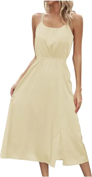 Fashion Summer Dresses for Women Sexy Spaghetti Strap Low Collar Side Slit Beach Vacation Dress Trendy Sundress