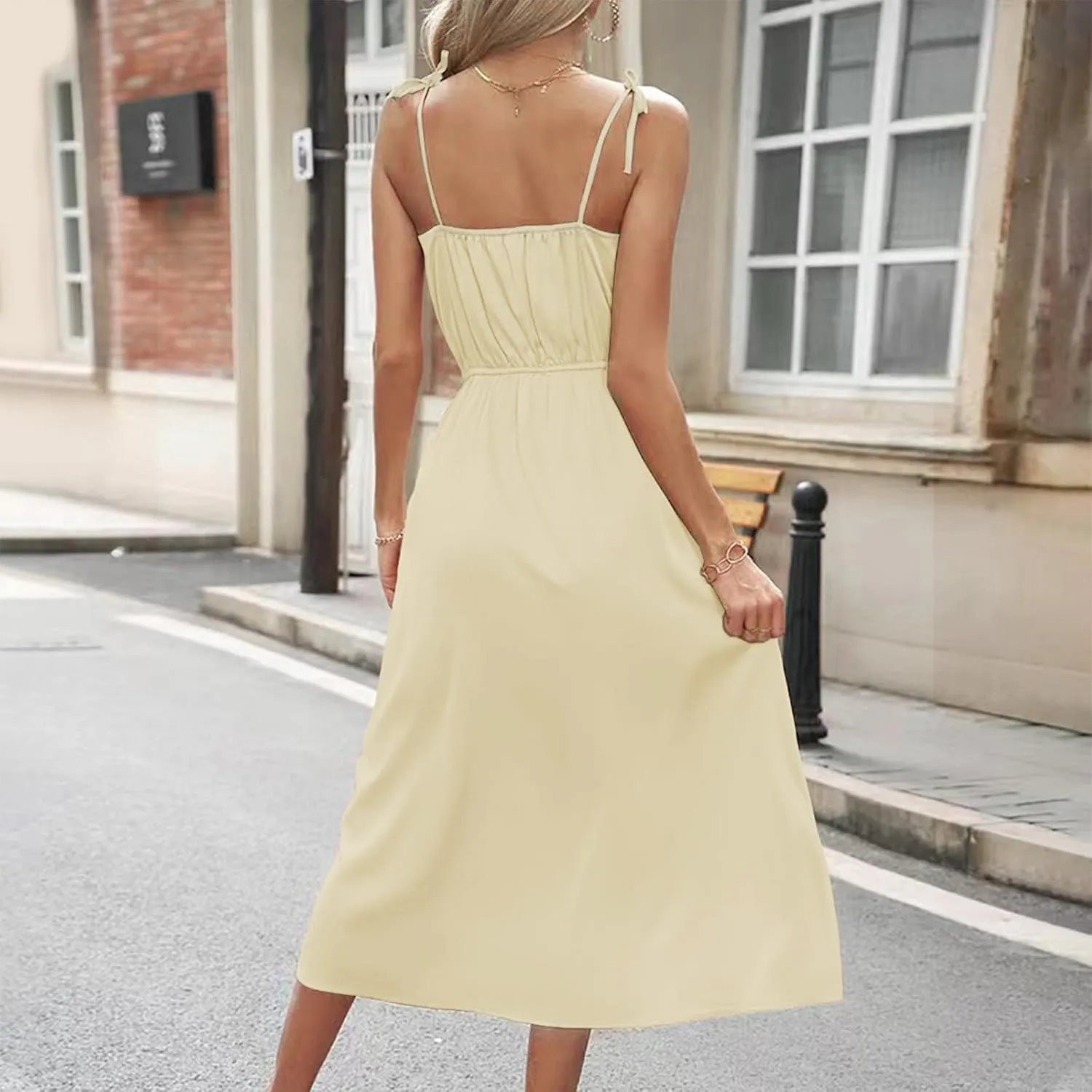 Fashion Summer Dresses for Women Sexy Spaghetti Strap Low Collar Side Slit Beach Vacation Dress Trendy Sundress