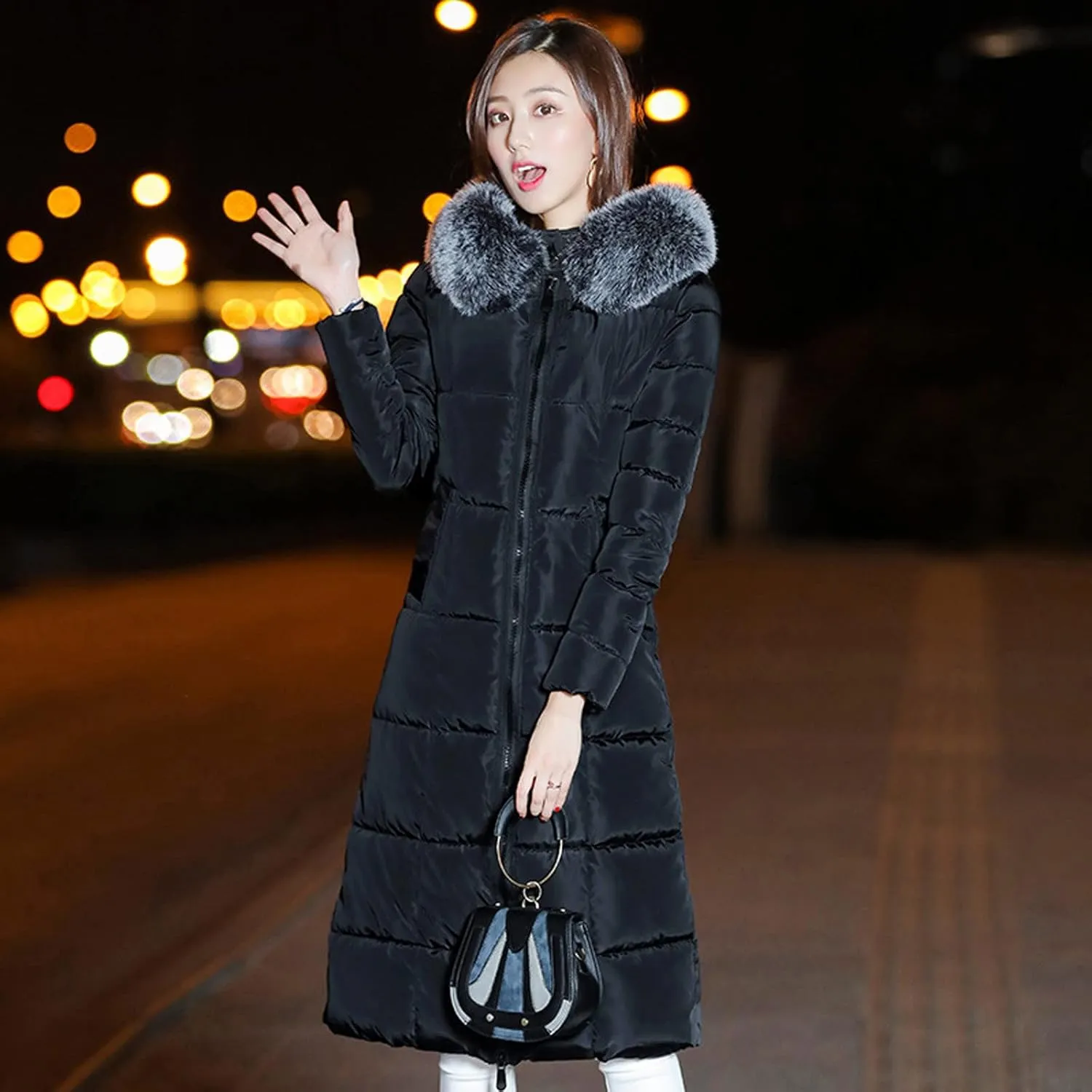 Fashion Women's Winter Coats Warm Thickened Long Down Jacket Insulated Casual Solid Puffer Jacket with Fur Hood