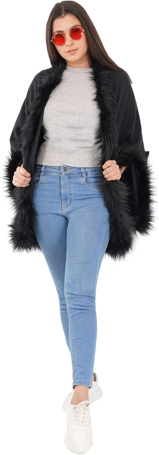 Faux Fur Trim Shawl/Wool Blend Shawl with/Oversize Wrap Woollen
