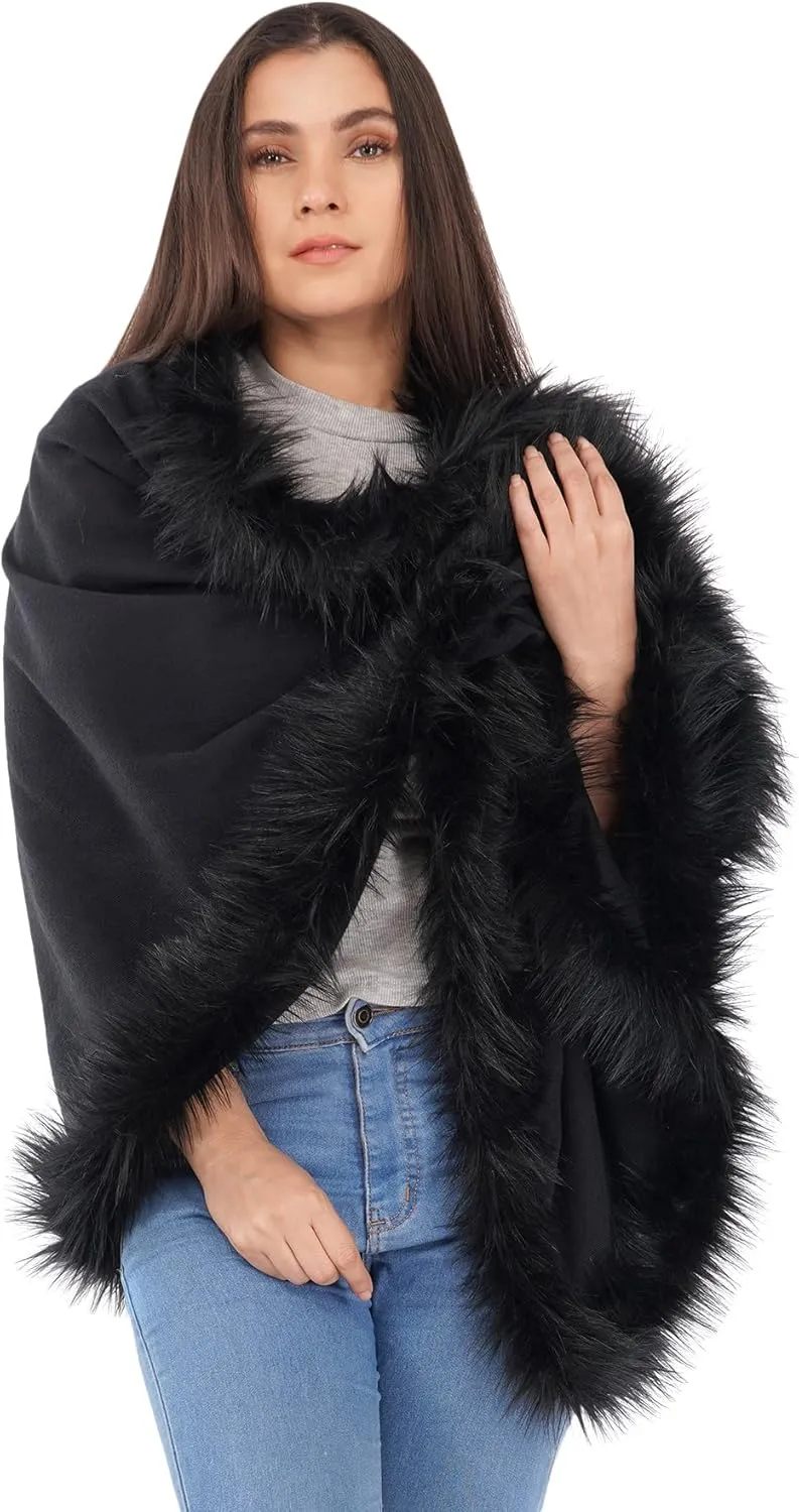 Faux Fur Trim Shawl/Wool Blend Shawl with/Oversize Wrap Woollen