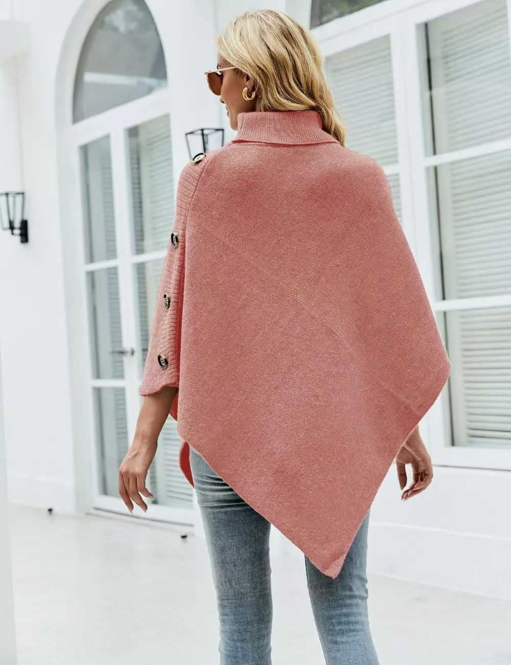 Ferand Women's Turtleneck Button Detail Poncho High Neck Asymmetrical Pullover Sweater for Fall Winter Outfits