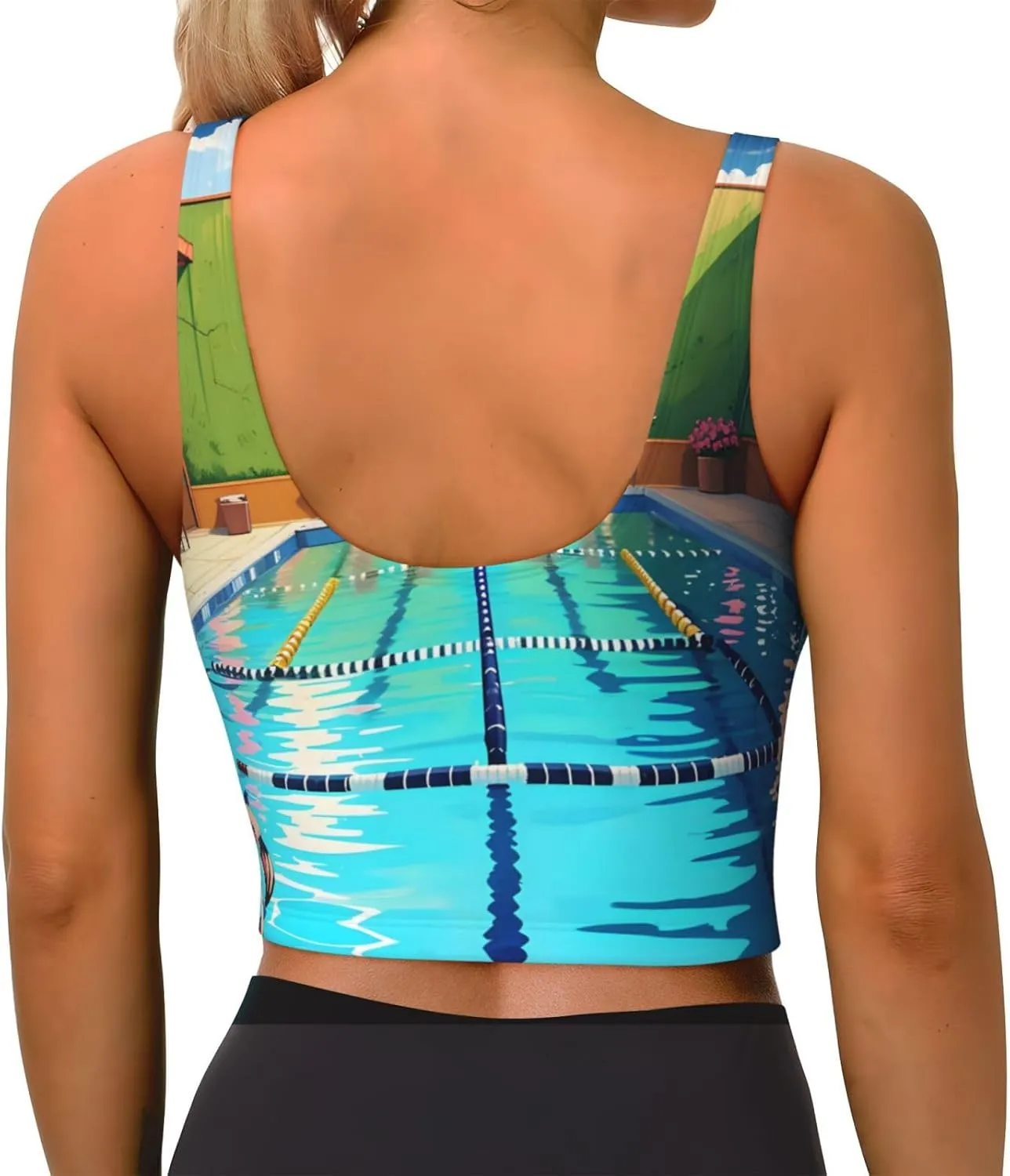 Flamingo and Swimming Pool Women's Sexy Sports Vest Sleeveless Athletic Gym T-Shirts Vest U-Shaped Back Quick Dry Top