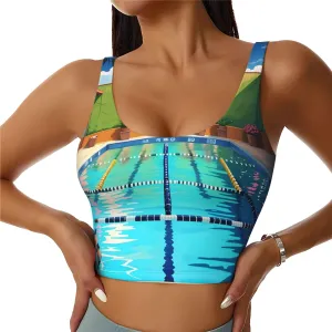 Flamingo and Swimming Pool Women's Sexy Sports Vest Sleeveless Athletic Gym T-Shirts Vest U-Shaped Back Quick Dry Top