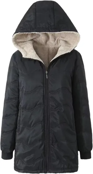 Fleece Lined Coat for Women 2024 Winter Casual Warm Down Jacket Loose Comfy Long Sleeve Hooded Outwear with Pockets