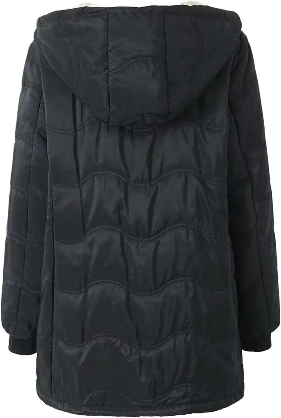 Fleece Lined Coat for Women 2024 Winter Casual Warm Down Jacket Loose Comfy Long Sleeve Hooded Outwear with Pockets