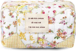 Floral Makeup Bag Small Cotton Quilted Cosmetic Makeup Bag Organizer, Aesthetic Portable Pouch Purse Toiletry Bag for Women Girls Travel accessories (Beige Floral-S)