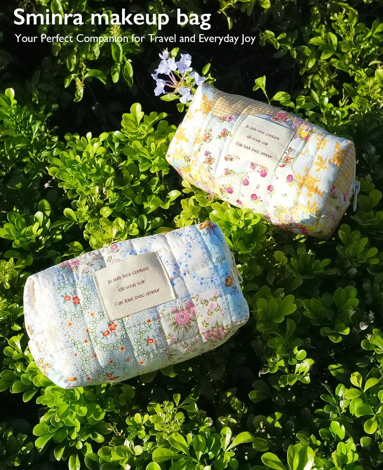 Floral Makeup Bag Small Cotton Quilted Cosmetic Makeup Bag Organizer, Aesthetic Portable Pouch Purse Toiletry Bag for Women Girls Travel accessories (Beige Floral-S)