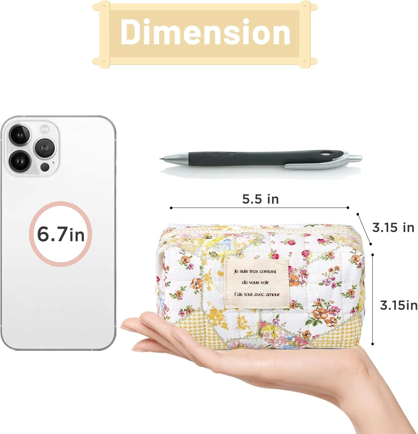 Floral Makeup Bag Small Cotton Quilted Cosmetic Makeup Bag Organizer, Aesthetic Portable Pouch Purse Toiletry Bag for Women Girls Travel accessories (Beige Floral-S)