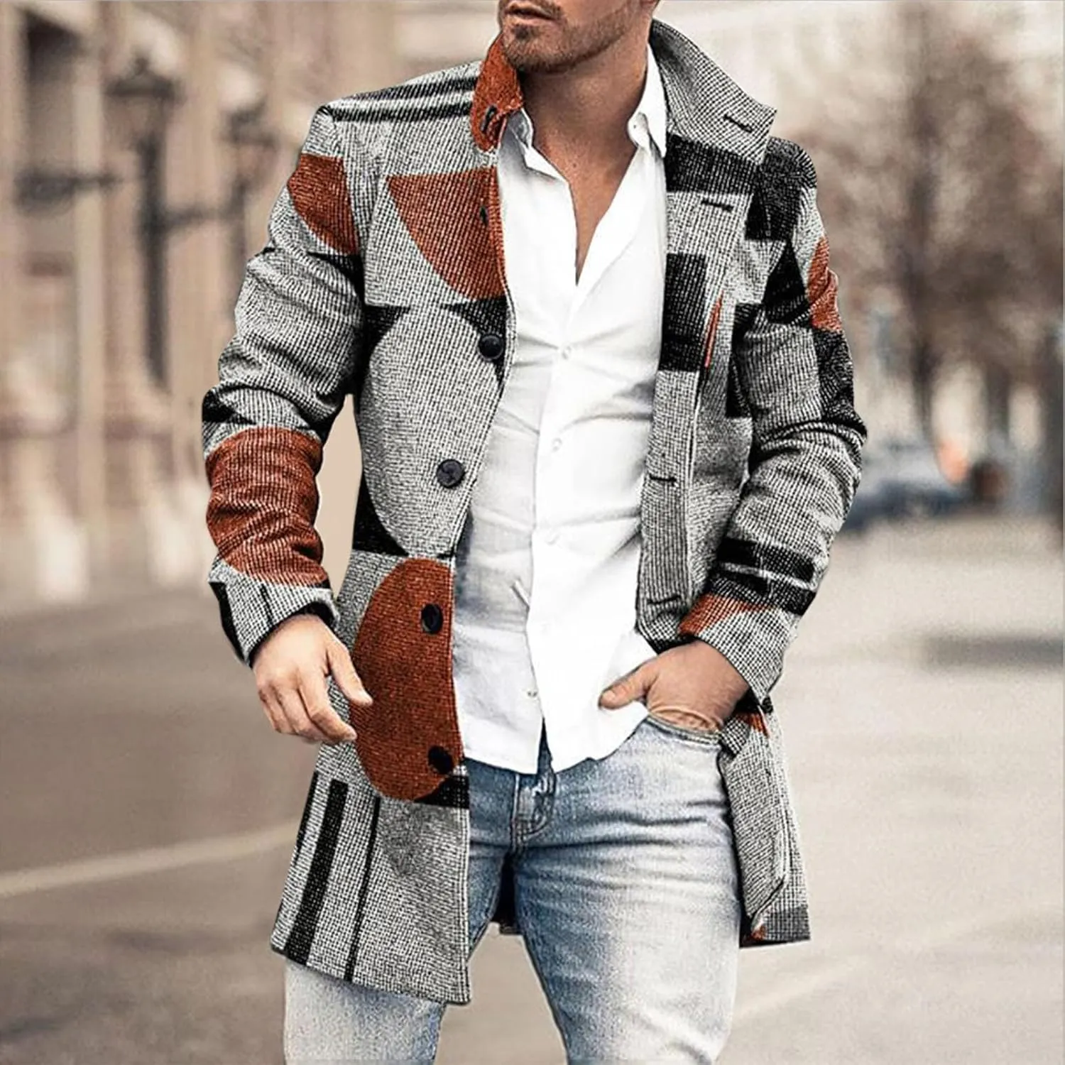 GOKKILRW Men Notched Lapel Single Breasted Trench Coat Winter Wool Blend Pea Coat Oversized Warm Business Jackets Windbreaker