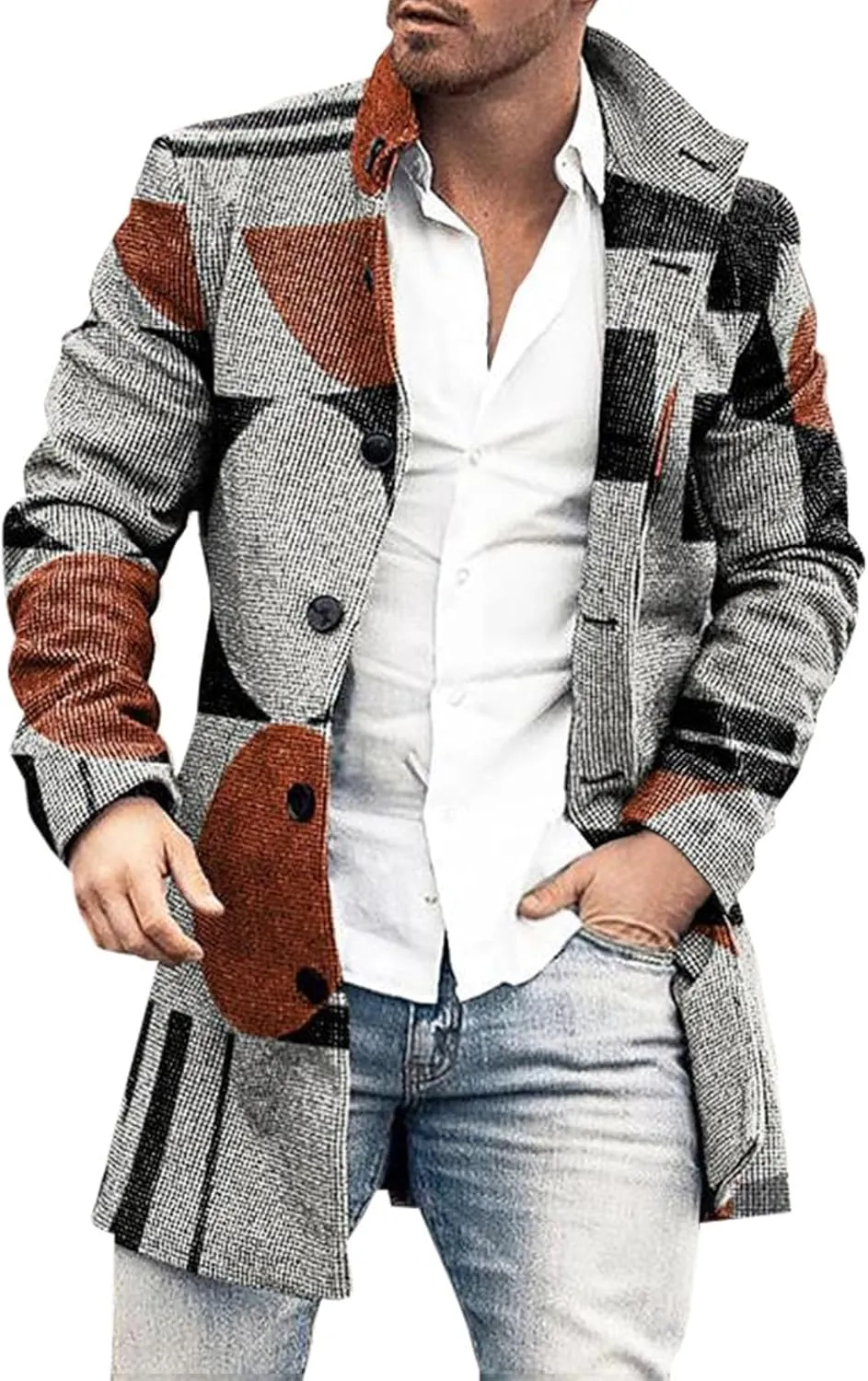 GOKKILRW Men Notched Lapel Single Breasted Trench Coat Winter Wool Blend Pea Coat Oversized Warm Business Jackets Windbreaker