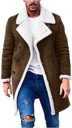 GOKKILRW Mens Casual Sherpa Fleece Lined Suede Leather Trucker Jackets Spread Collar Winter Heavyweight Faux Shearling Coat
