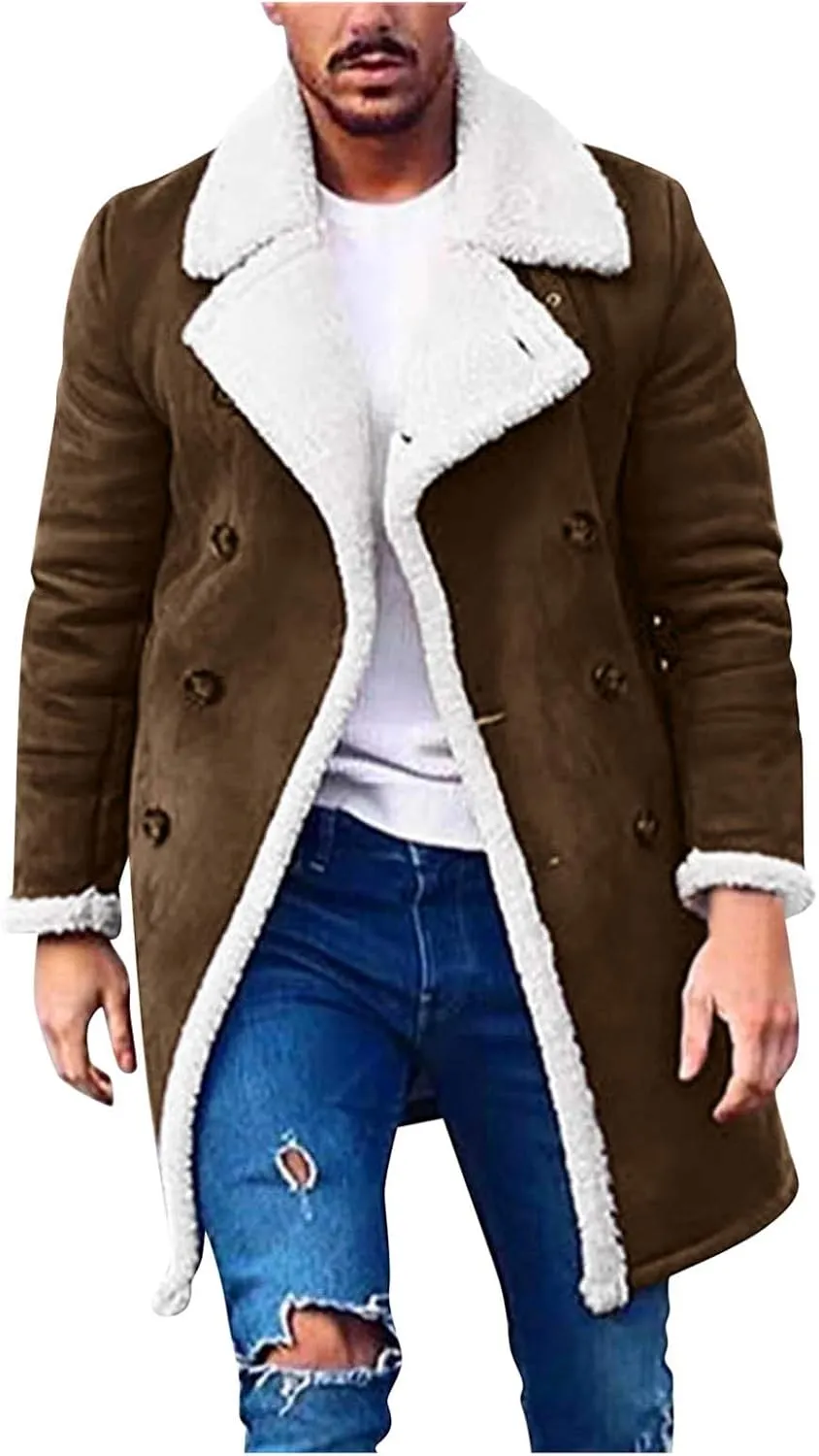 GOKKILRW Mens Casual Sherpa Fleece Lined Suede Leather Trucker Jackets Spread Collar Winter Heavyweight Faux Shearling Coat