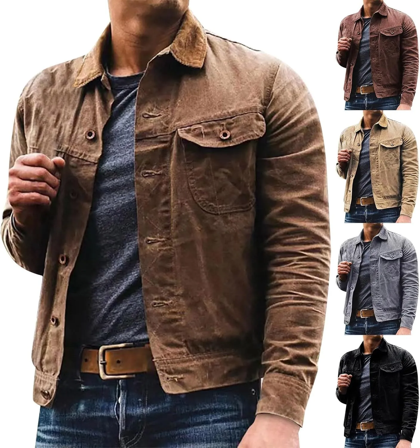 GOKKILRW Mens Western Cowboy Button Down Work Shirt Corduroy Trucker Jacket Casual Loose Retro Distressed Washed Shackets