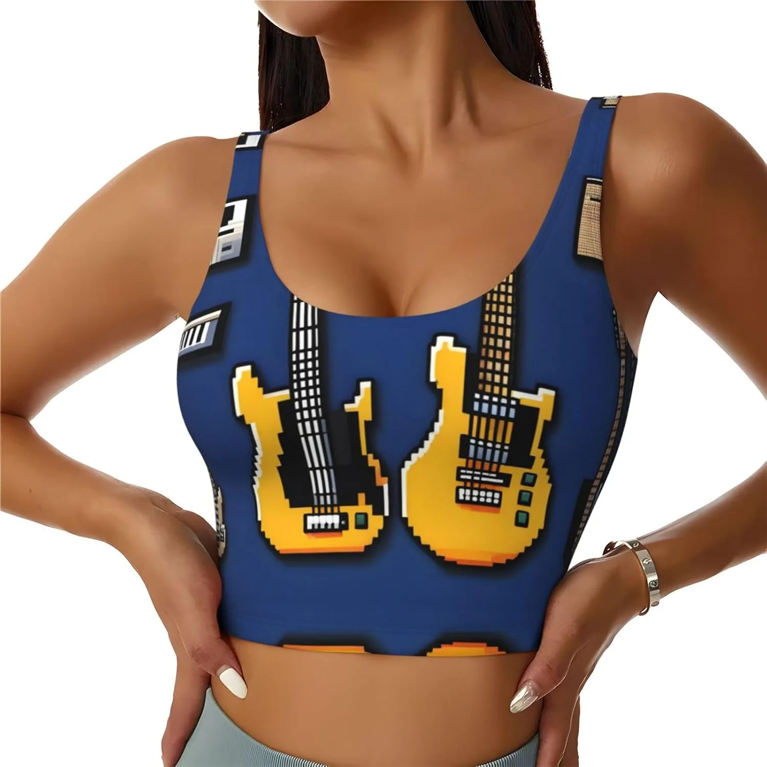 Guitar Bass Women's Sexy Sports Vest Sleeveless Athletic Gym T-Shirts Vest U-Shaped Back Quick Dry Top