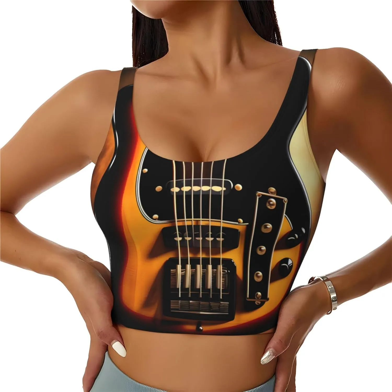 Instrumental Guitar Women's Sexy Sports Vest Sleeveless Athletic Gym T-Shirts Vest U-Shaped Back Quick Dry Top