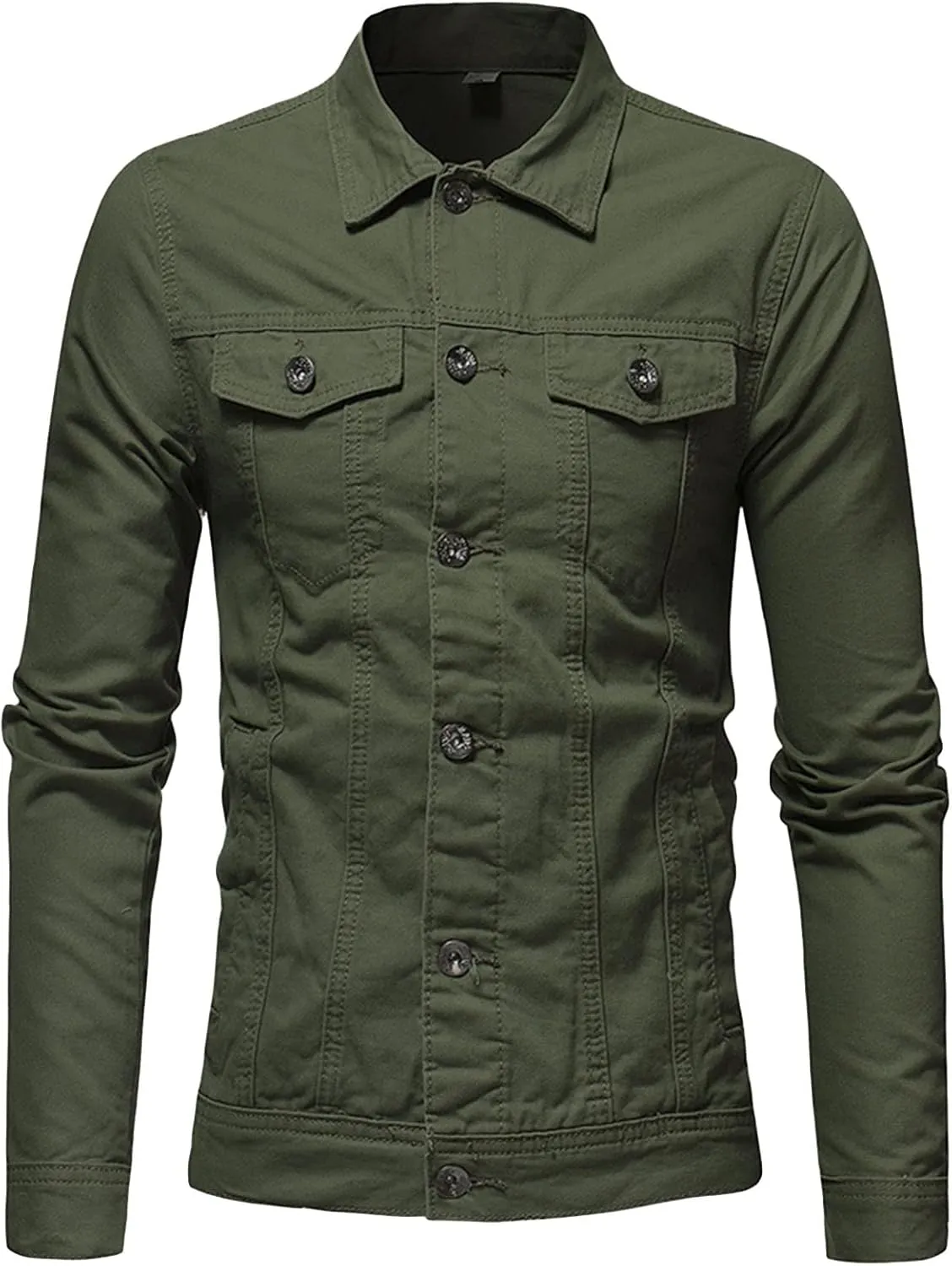 JEShifangjiusu Men's Lapel Denim Jean Fashion Long Sleeve Trucker Jacket Coats Casual Vintage Button Slim Fit Jeans Overcoat, Army Green, 3X-Large
