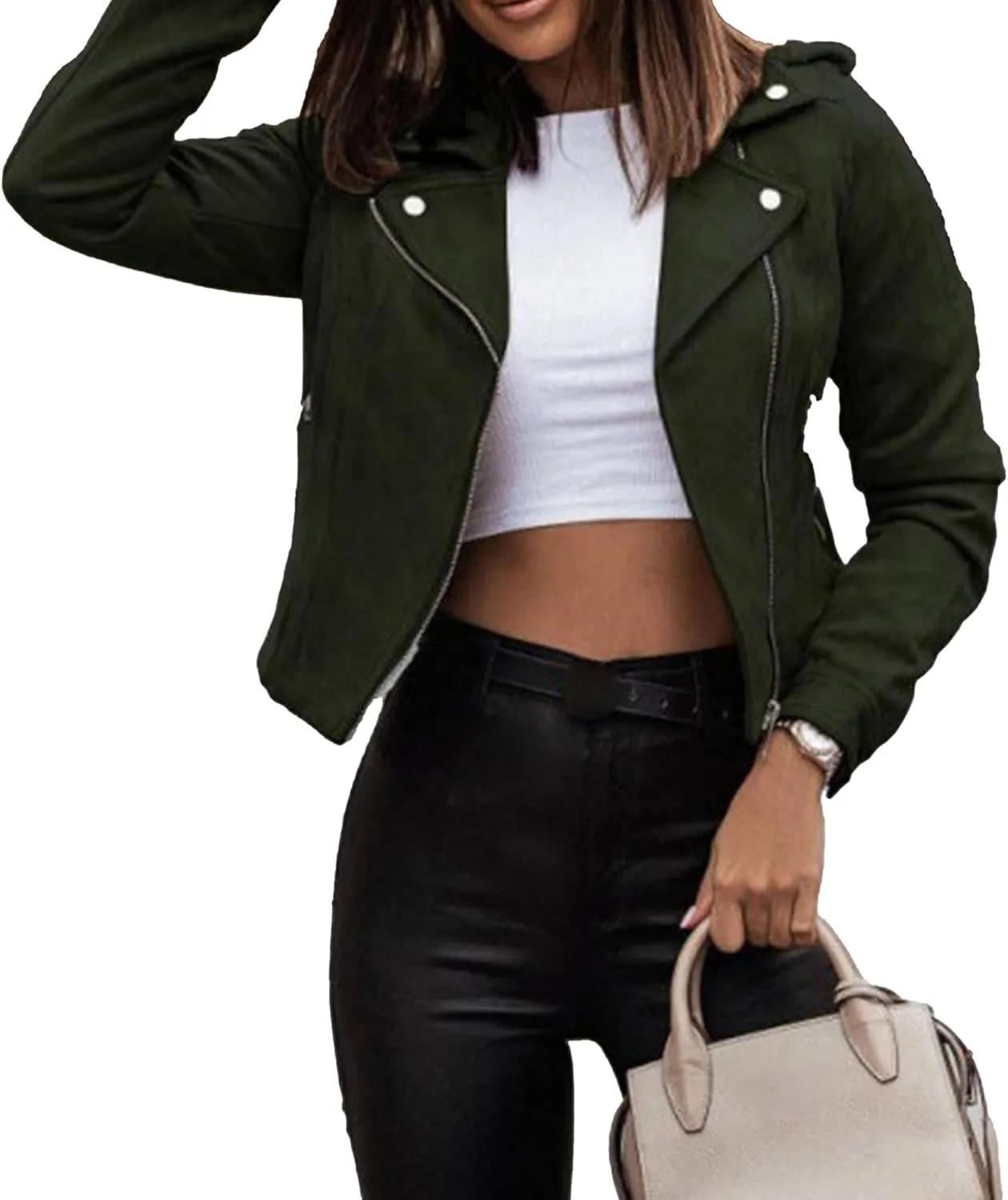 JEsilunmaMY Women's Asymmetric Zip Biker Coats Casual Short Motorcycle Leather Jackets Lightweight Cropped Bomber Outwear