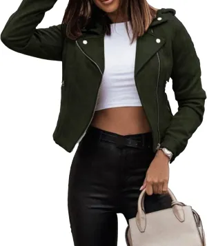 JEsilunmaMY Women's Asymmetric Zip Biker Coats Casual Short Motorcycle Leather Jackets Lightweight Cropped Bomber Outwear