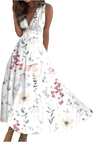 JJHAEVDY Womens Dresses High Waiste Sleeveless Sundresses Deep V Neck Printed Dresses Fashion Long Dresses Casual Boho Dress