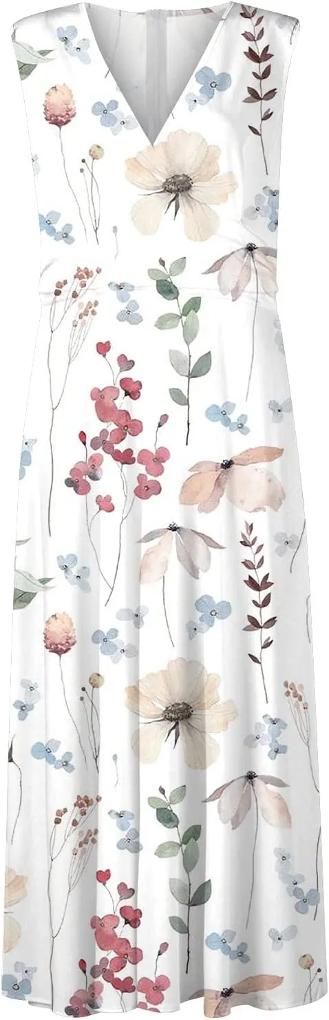 JJHAEVDY Womens Dresses High Waiste Sleeveless Sundresses Deep V Neck Printed Dresses Fashion Long Dresses Casual Boho Dress