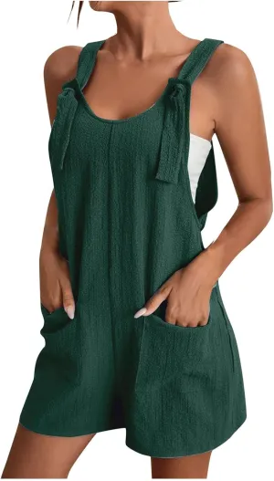 Jumpsuits for Women Linen Shorts Jumpsuits Summer Casual Sleeveless Romper Loose Adjustable Overalls with Pockets