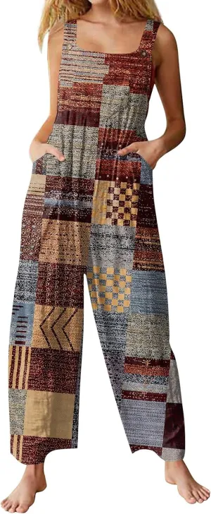 Jumpsuits for Women Palazzo Loose Rompers Wide Leg Cotton Linen Overalls with Pockets Boho Floral Vintage Outfits