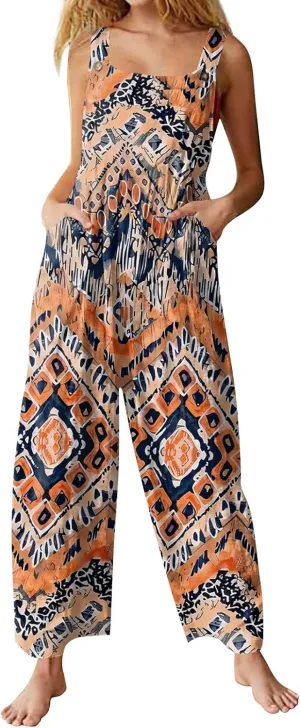 Jumpsuits for Women Palazzo Loose Rompers Wide Leg Cotton Linen Overalls with Pockets Boho Floral Vintage Outfits