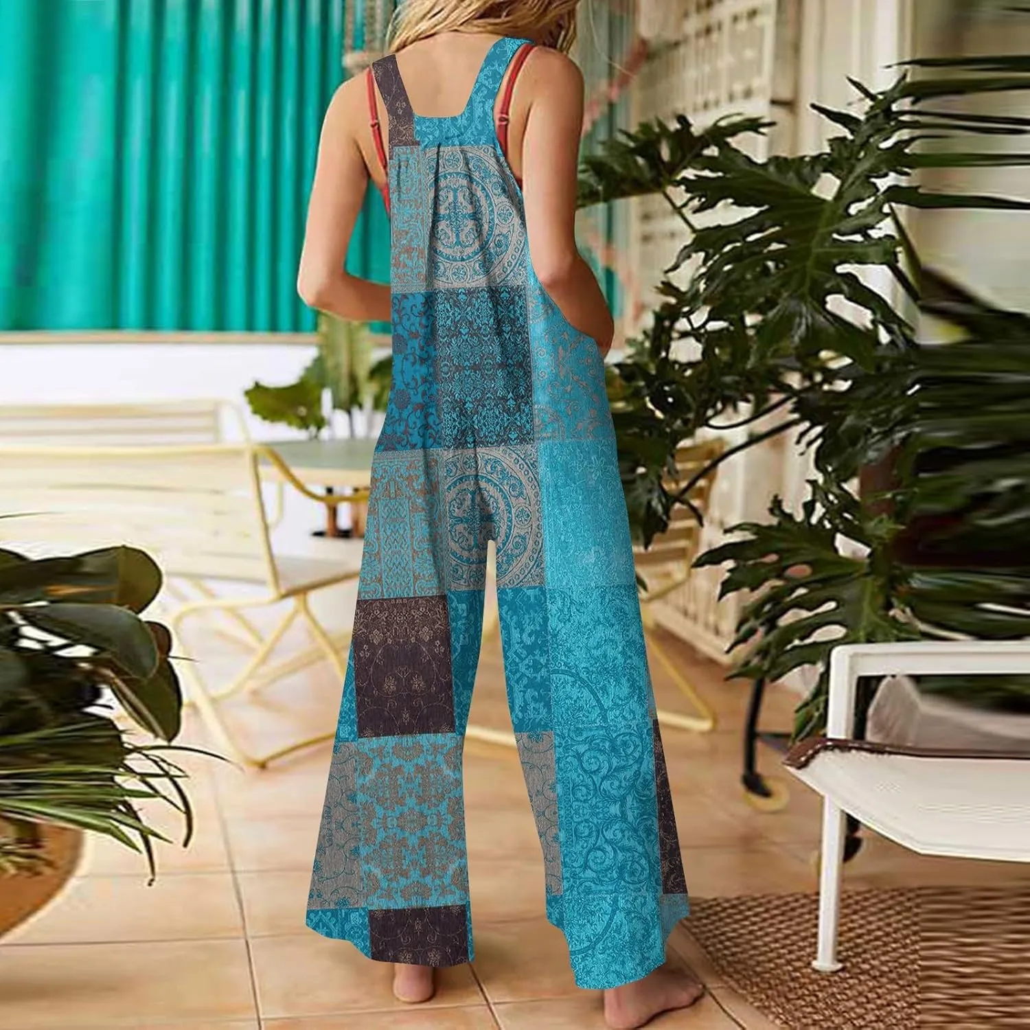 Jumpsuits for Women Palazzo Loose Rompers Wide Leg Cotton Linen Overalls with Pockets Boho Floral Vintage Outfits