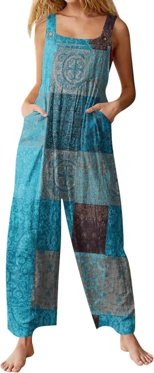 Jumpsuits for Women Palazzo Loose Rompers Wide Leg Cotton Linen Overalls with Pockets Boho Floral Vintage Outfits